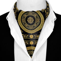GOLDEN BAROQUE SILK ASCOT WITH LAPEL PIN AND POCKET SQUARE
