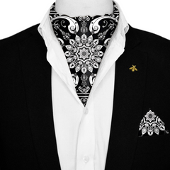BEED DESIGN SILK ASCOT WITH LAPEL PIN AND POCKET SQUARE