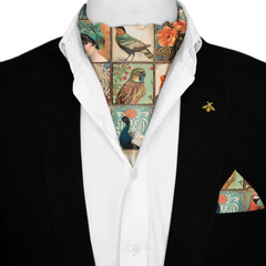BIRD COLLAGE SILK ASCOT WITH LAPEL PIN AND POCKET SQUARE