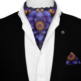 BLUE EXOTIC SILK ASCOT WITH LAPEL PIN AND POCKET SQUARE
