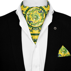 CHINESE DRAGON SILK ASCOT WITH LAPEL PIN AND POCKET SQUARE