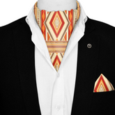 COLORFUL IKAT ETHNIC SILK ASCOT WITH LAPEL PIN AND POCKET SQUARE