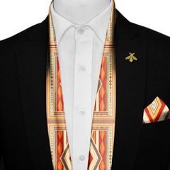 COLORFUL IKAT ETHNIC SILK SCARF WITH LAPEL PIN AND POCKET SQUARE