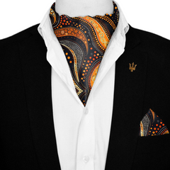 ABORIGINAL SILK ASCOT WITH LAPEL PIN AND POCKET SQUARE