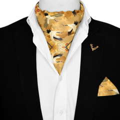 CRANE BIRDS SILK ASCOT WITH LAPEL PIN AND POCKET SQUARE