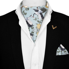 DANCING CRENIES SILK ASCOT WITH LAPEL PIN AND POCKET SQUARE