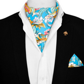 ELEGANCE COLORFUL FLORAL SILK ASCOT WITH LAPEL PIN AND POCKET SQUARE