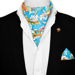 ELEGANCE COLORFUL FLORAL SILK ASCOT WITH LAPEL PIN AND POCKET SQUARE