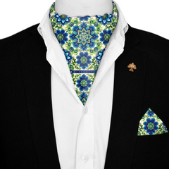 ELEGANT ABSTRACT FLORAL SILK ASCOT WITH LAPEL PIN AND POCKET SQUARE