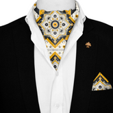 ETHNIC ABSTRACT SILK ASCOT WITH LAPEL PIN AND POCKET SQUARE