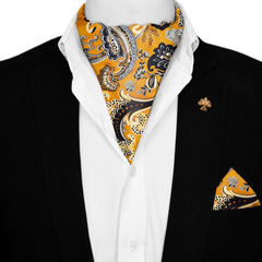 ETHNIC FLORAL VINTAGE SILK ASCOT WITH LAPEL PIN AND POCKET SQUARE