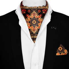 FLORAL ETHNIC ORIENTAL SILK ASCOT WITH LAPEL PIN AND POCKET SQUARE