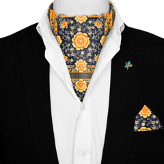 FLOWERS FOLIAGE SILK ASCOT WITH LAPEL PIN AND POCKET SQUARE