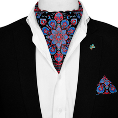 FOLKART QUILT SILK ASCOT WITH LAPEL PIN AND POCKET SQUARE