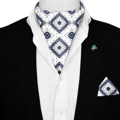 GEOMETRIC ABSTRACT SILK ASCOT WITH LAPEL PIN AND POCKET SQUARE