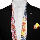 ABSTRACT KEYNOTE SILK SCARF WITH LAPEL PIN AND POCKET SQUARE