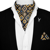 GEOMETRIC ETHNIC SILK ASCOT WITH LAPEL PIN AND POCKET SQUARE