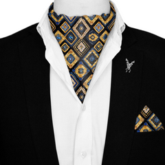 GEOMETRIC ETHNIC SILK ASCOT WITH LAPEL PIN AND POCKET SQUARE