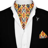 GEOMETRIC TRIBAL PATTERN SILK ASCOT WITH LAPEL PIN AND POCKET SQUARE