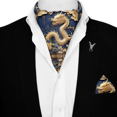 GOLD DRAGON SILK ASCOT WITH LAPEL PIN AND POCKET SQUARE