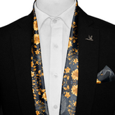 GOLD HUMMING BIRDS SILK SCARF WITH LAPEL PIN AND POCKET SQUARE