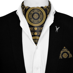 GOLDEN BAROQUE SILK ASCOT WITH LAPEL PIN AND POCKET SQUARE