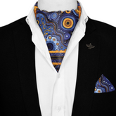 HAND DRAWN ABSTRACTSILK ASCOT WITH LAPEL PIN AND POCKET SQUARE