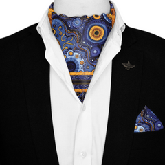 HAND DRAWN ABSTRACTSILK ASCOT WITH LAPEL PIN AND POCKET SQUARE