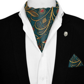 INTRICATE BOHEMIAN SILK ASCOT WITH LAPEL PIN AND POCKET SQUARE