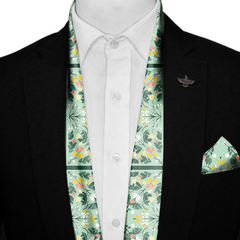 ILLUSTRATED GARDEN SILK SCARF WITH LAPEL PIN AND POCKET SQUARE