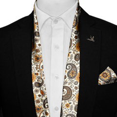 A DITSY PAISLEY SILK SCARF WITH LAPEL PIN AND POCKET SQUARE