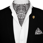 MAYAN PATTERN SILK ASCOT WITH LAPEL PIN AND POCKET SQUARE
