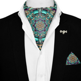 NEON MANDALA SILK ASCOT WITH LAPEL PIN AND POCKET SQUARE