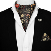 ORGANIC DARK FLORAL SILK ASCOT WITH LAPEL PIN AND POCKET SQUARE
