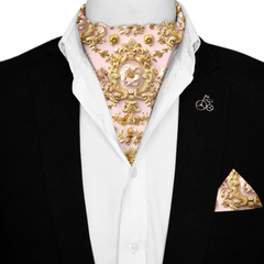 ORNATEL PATTERN SILK ASCOT WITH LAPEL PIN AND POCKET SQUARE