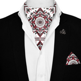 RED ALPANA DESIGNS SILK ASCOT WITH LAPEL PIN AND POCKET SQUARE