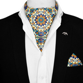 ARABESQUE VINTAGE ELEGANT SILK ASCOT WITH LAPEL PIN AND POCKET SQUARE