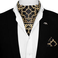 ARABIC FLORAL SILK ASCOT WITH LAPEL PIN AND POCKET SQUARE