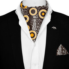 AUSTRALIAN ABORIGINAL SILK ASCOT WITH LAPEL PIN AND POCKET SQUARE