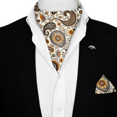 A DITSY PAISLEY SILK ASCOT WITH LAPEL PIN AND POCKET SQUARE