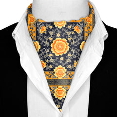 FLOWERS FOLIAGE SILK ASCOT WITH LAPEL PIN AND POCKET SQUARE
