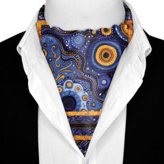 HAND DRAWN ABSTRACTSILK ASCOT WITH LAPEL PIN AND POCKET SQUARE