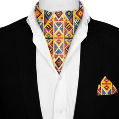 GEOMETRIC TRIBAL PATTERN SILK ASCOT AND POCKET SQUARE SET – PREMIUM COLLECTION