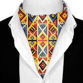 GEOMETRIC TRIBAL PATTERN SILK ASCOT WITH LAPEL PIN AND POCKET SQUARE