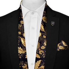 WILLIAM MORRISS GOLD AND BLACK SILK SCARF WITH LAPEL PIN AND POCKET SQUARE