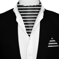 BLACK STRIPES SILK ASCOT AND POCKET SQUARE SET – PREMIUM COLLECTION