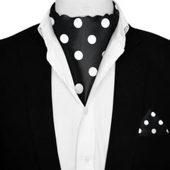 BLACK MEDIUM POLKA DOTS SILK ASCOT & POCKET SQUARE SET – PREMIUM COLLECTION