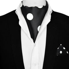 LARGE BLACK POLKA DOTS SILK ASCOT & POCKET SQUARE SET – PREMIUM COLLECTION