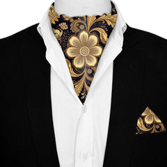 WILLIAM MORRIS GOLD & BLACK SILK ASCOT AND POCKET SQUARE SET – PREMIUM COLLECTION