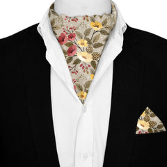 FLOWER PATTERN SILK ASCOT AND POCKET SQUARE SET – PREMIUM COLLECTION